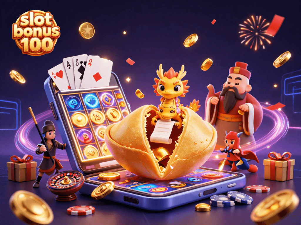 Engage with slot bonus 100 in a vibrant 3D casino scene featuring a golden cookie and lucky dragon.