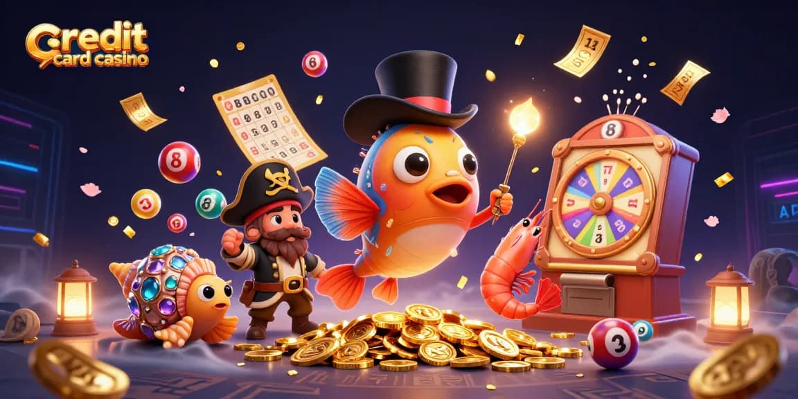 Engage with the excitement of a credit card casino featuring an anglerfish and friends amidst vibrant gambling elements.