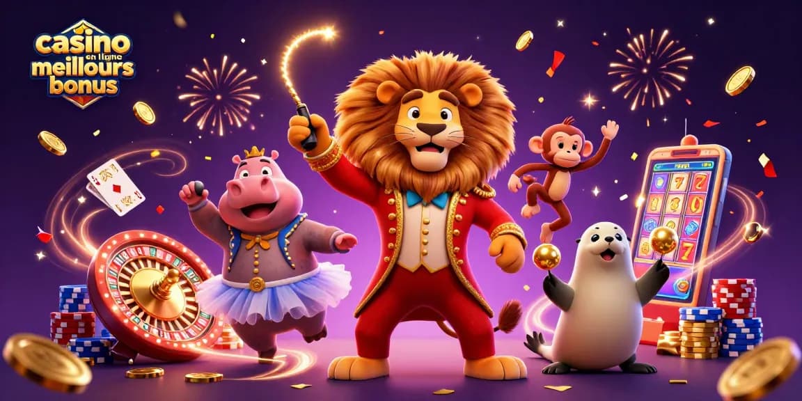 Jouez aux meilleurs bonus de casino en ligne avec des personnages colorés dans une scène festive.