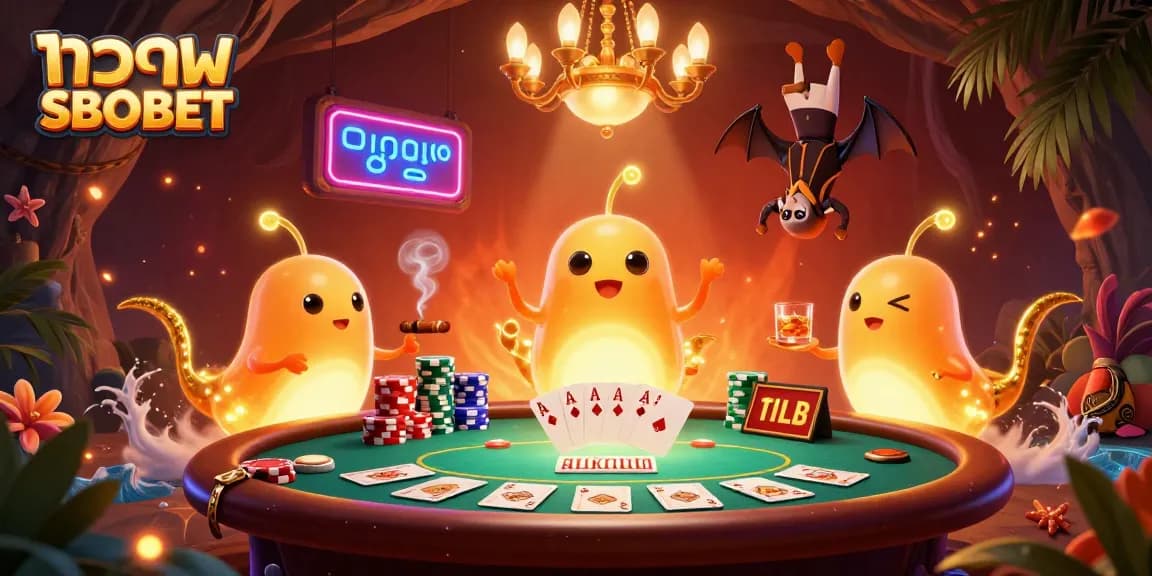 Play แทงบอล SBOBET in a vibrant cave casino, illuminated by glowworms and dynamic poker elements.