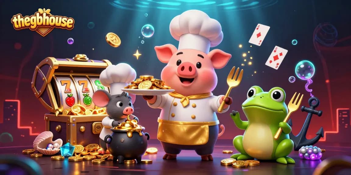 Thegbhouse showcases casino excitement with a 3D chef pig serving gold coins amidst lively gambling elements.