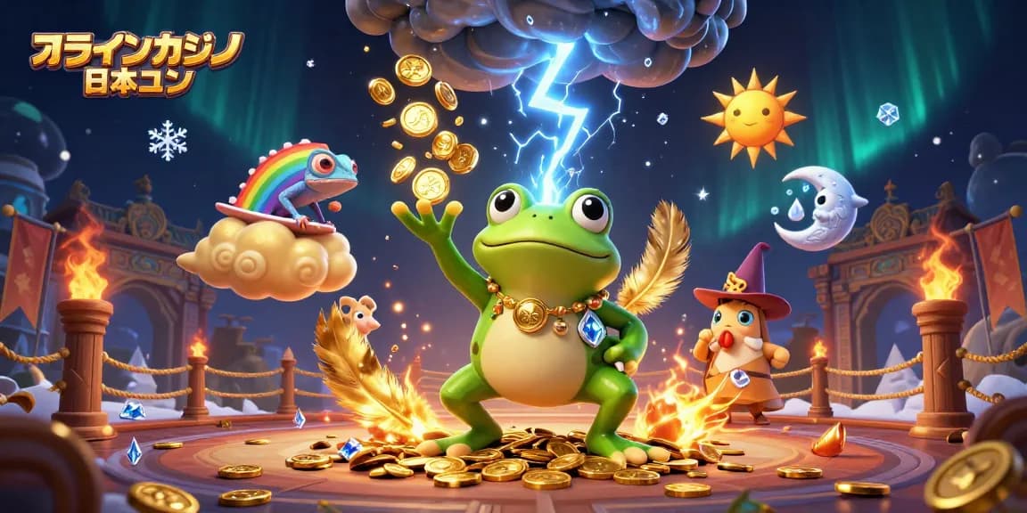 オンラインカジノ 日本語で楽しむスリルあるシーン、黄金のコインとキャラクターが集う賭博シーン