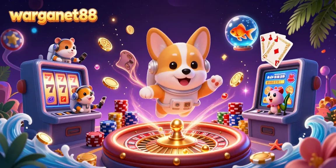 Engage in thrilling gameplay at warganet88 with a vibrant casino scene featuring slot elements and lively characters.