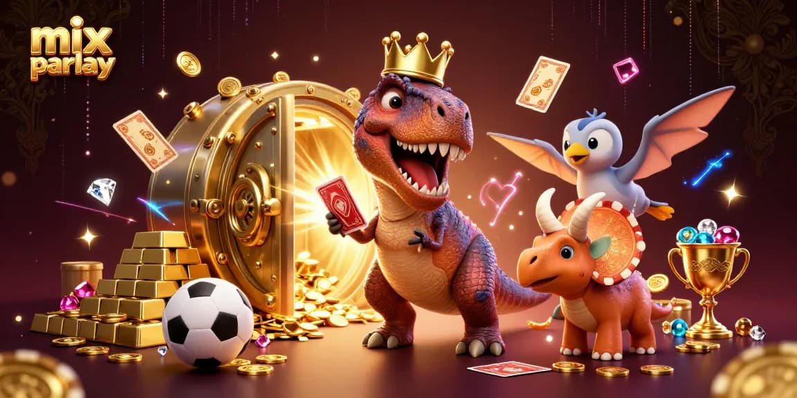 Experience mix parlay betting with a vibrant T-Rex and friends, showcasing sports action and excitement.