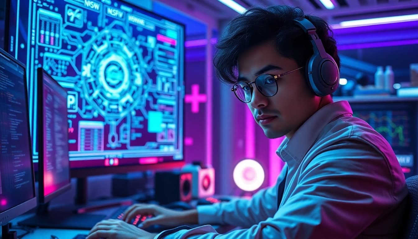 Futuristic digital workspace illustrating NSFW AI development with diverse professional engaged in innovative technology.