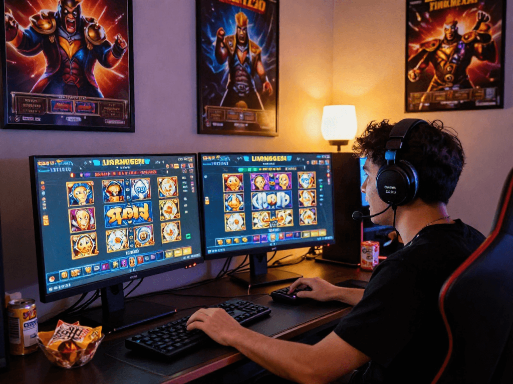 Player enjoying slot server luar negeri games in a vibrant gaming setup with monitors and exciting visuals.