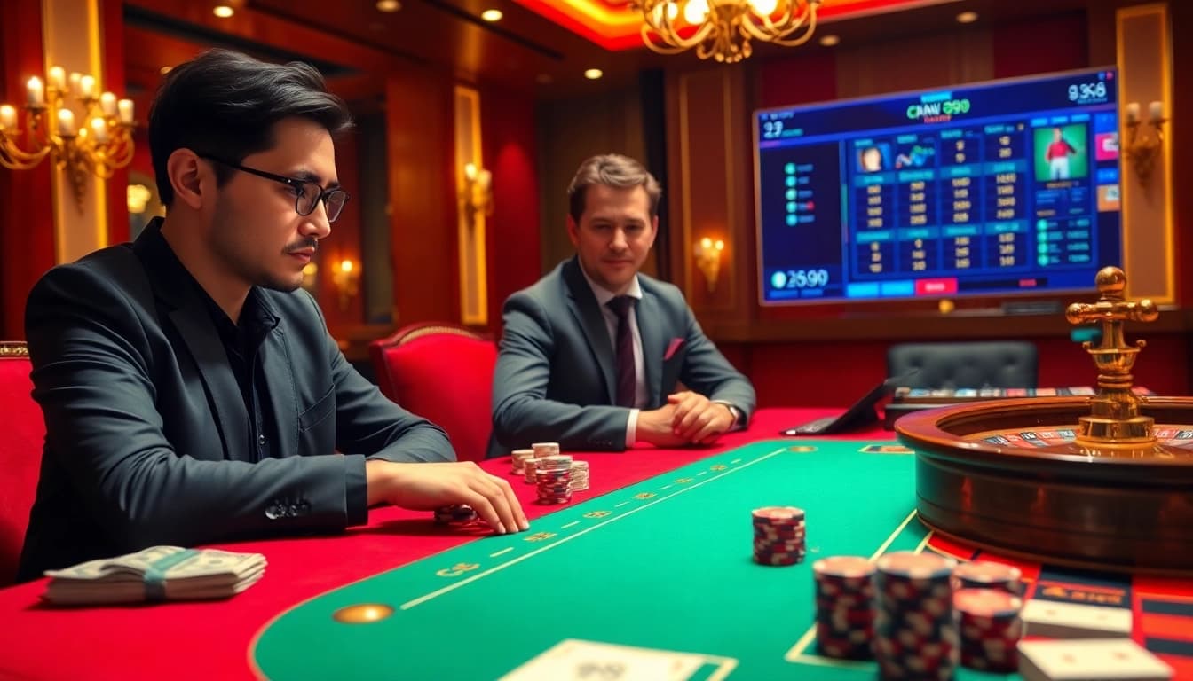 Play thrilling games with Nhà cái vua99 at a luxurious casino featuring vibrant poker action.
