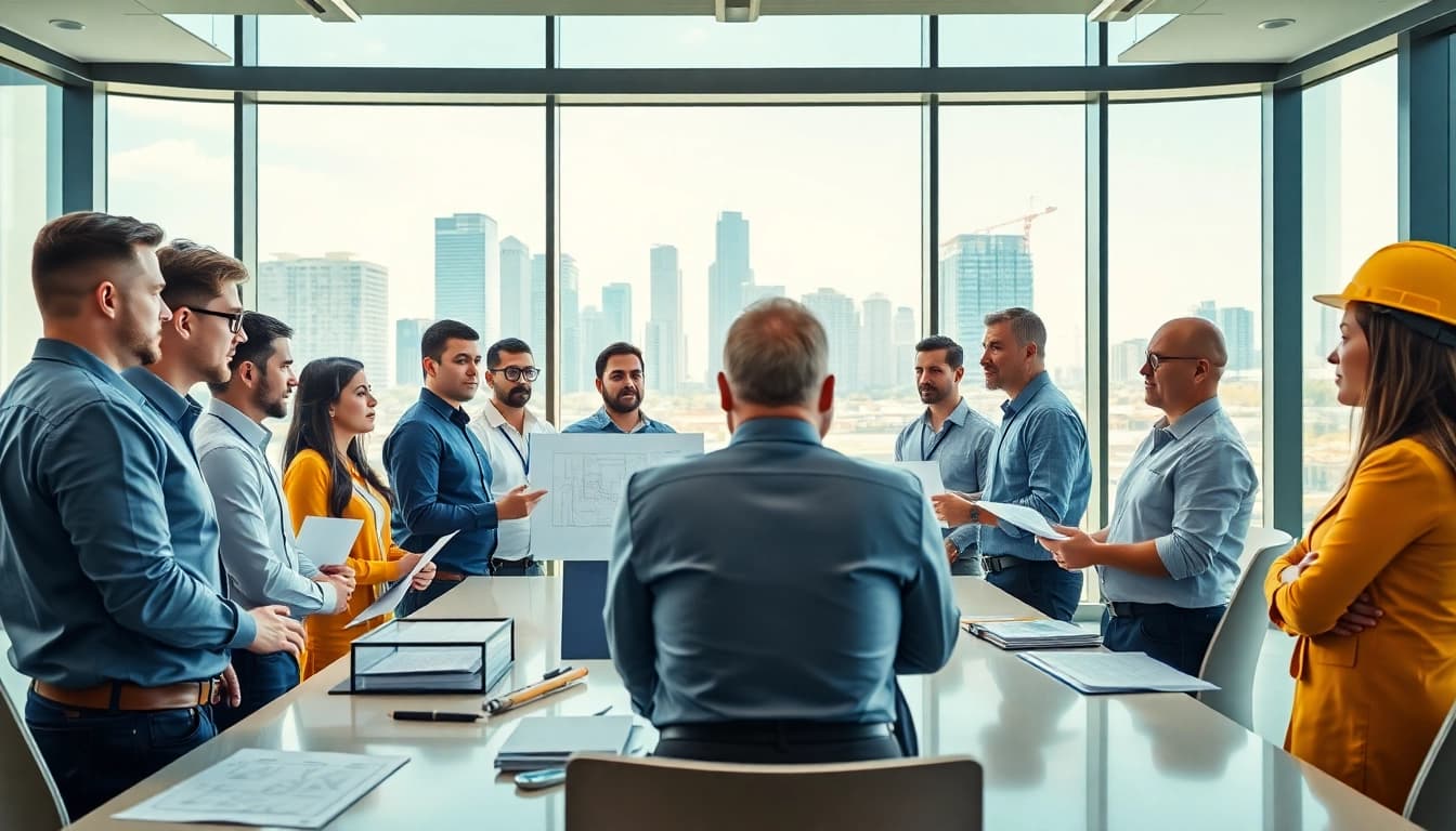 Engaging professionals from a construction membership association collaborating in a modern office.