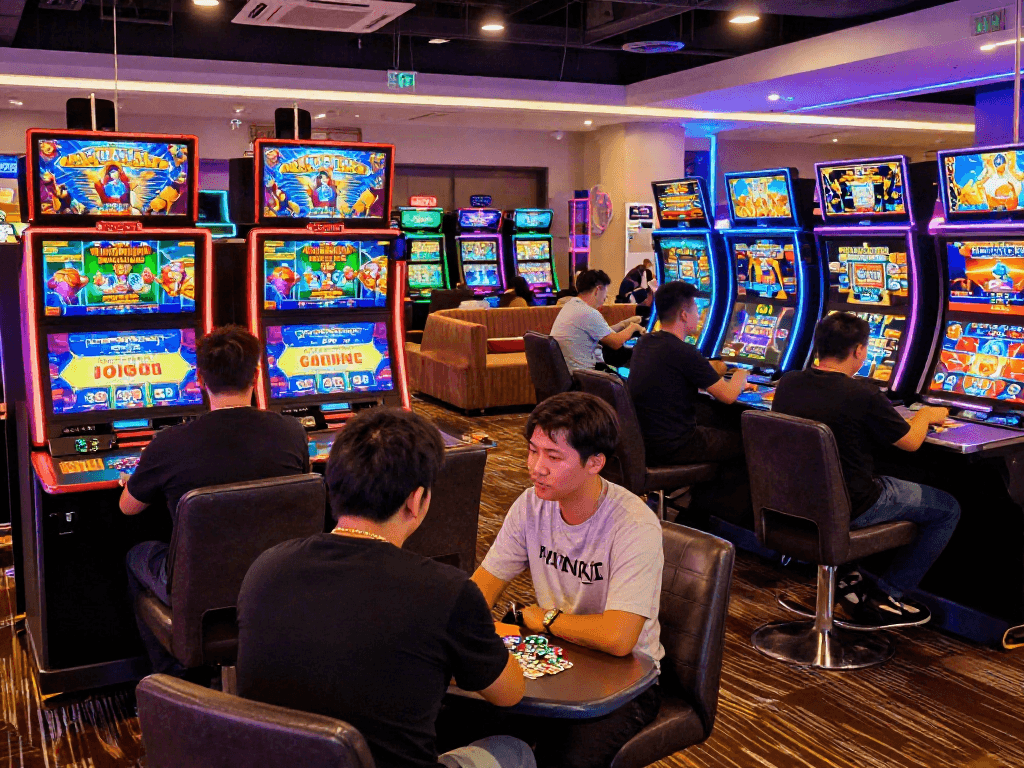 situs casino online vibrant gaming scene with players and colorful displays