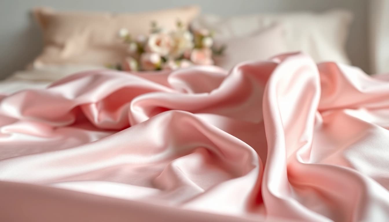 Verken satijn stof met een glanzende afwerking die elegant over een bed valt.