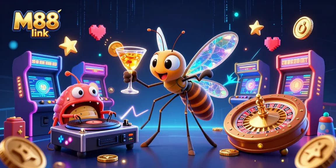 Experience M88 link with vibrant casino elements and characters in an engaging illustration.