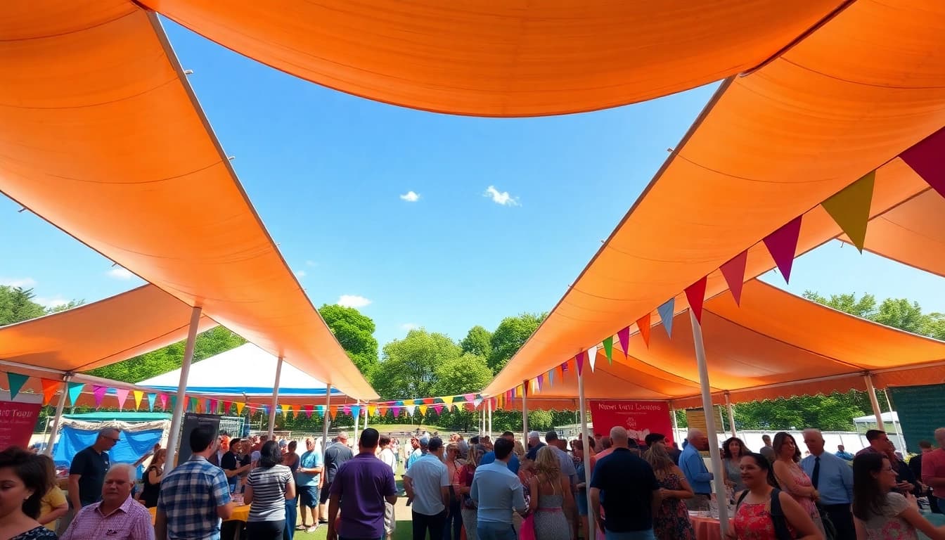 Tent Rentals providing a vibrant setting for outdoor events with colorful decorations.