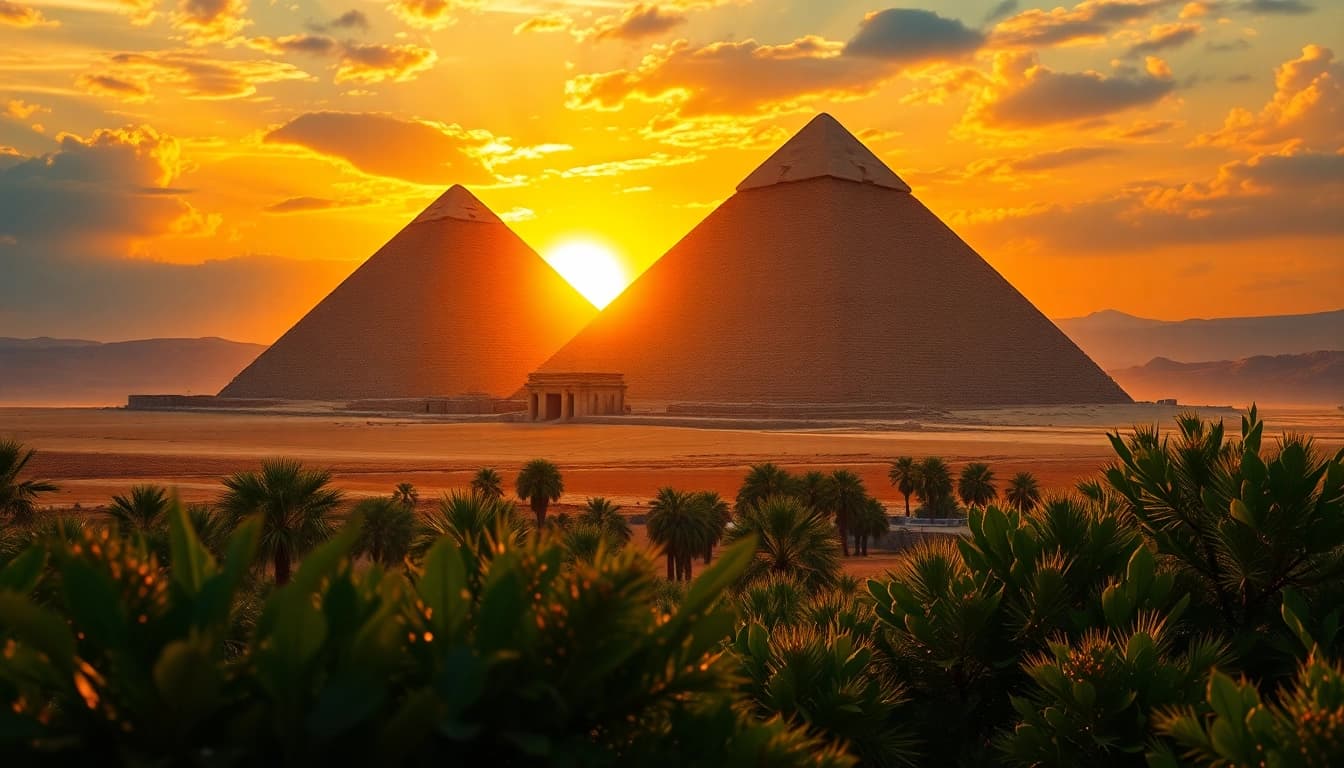 Explore the rich history of piraminds through a stunning sunset view.
