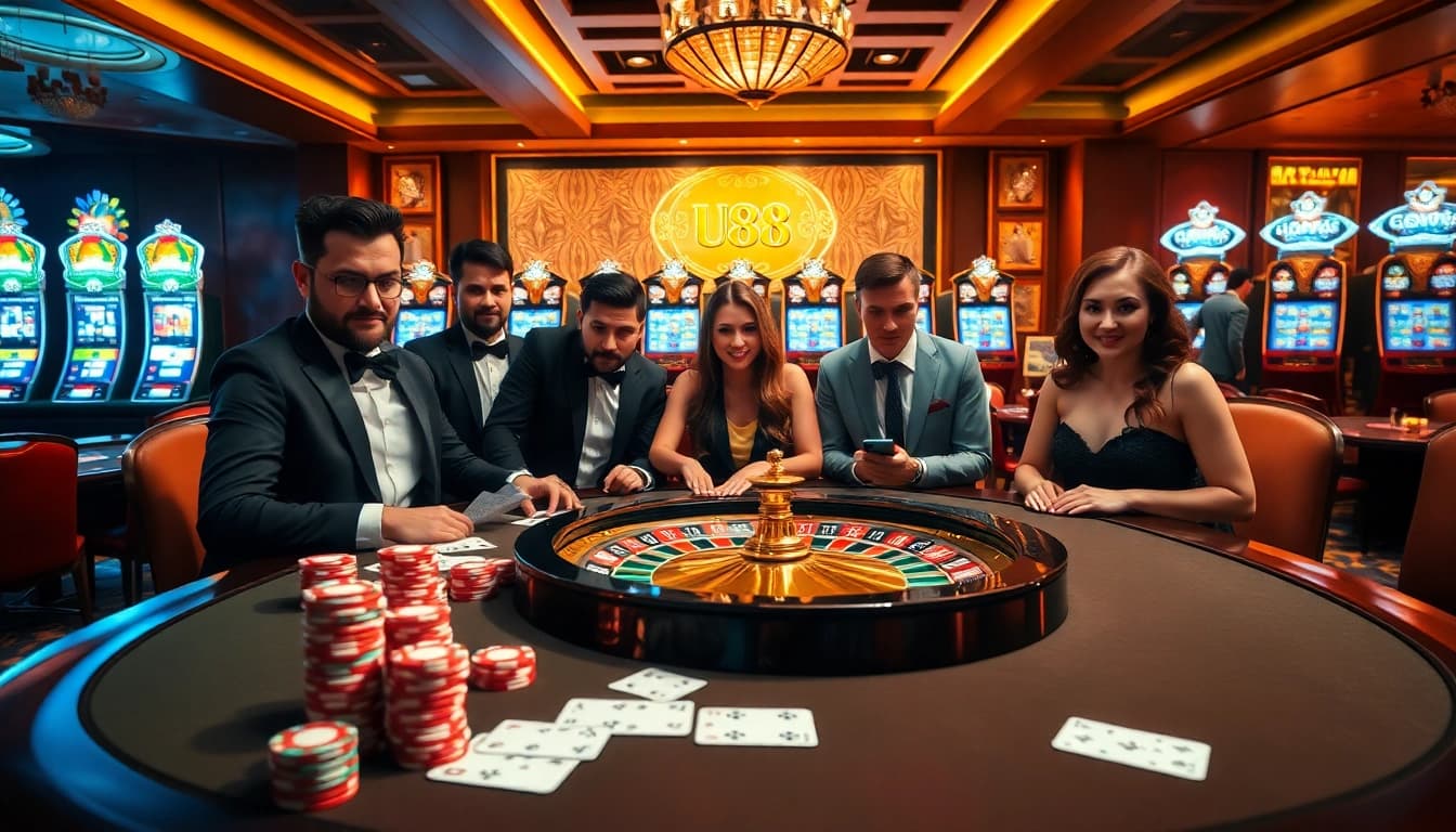 Engaging gamblers at an upscale casino table showcasing success at https://uu88.casa/.