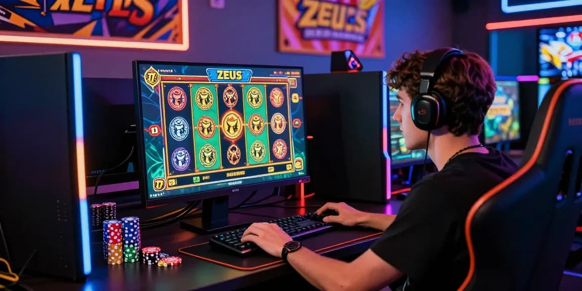 Engaged player enjoying slot zeus game on a vibrant gaming setup.