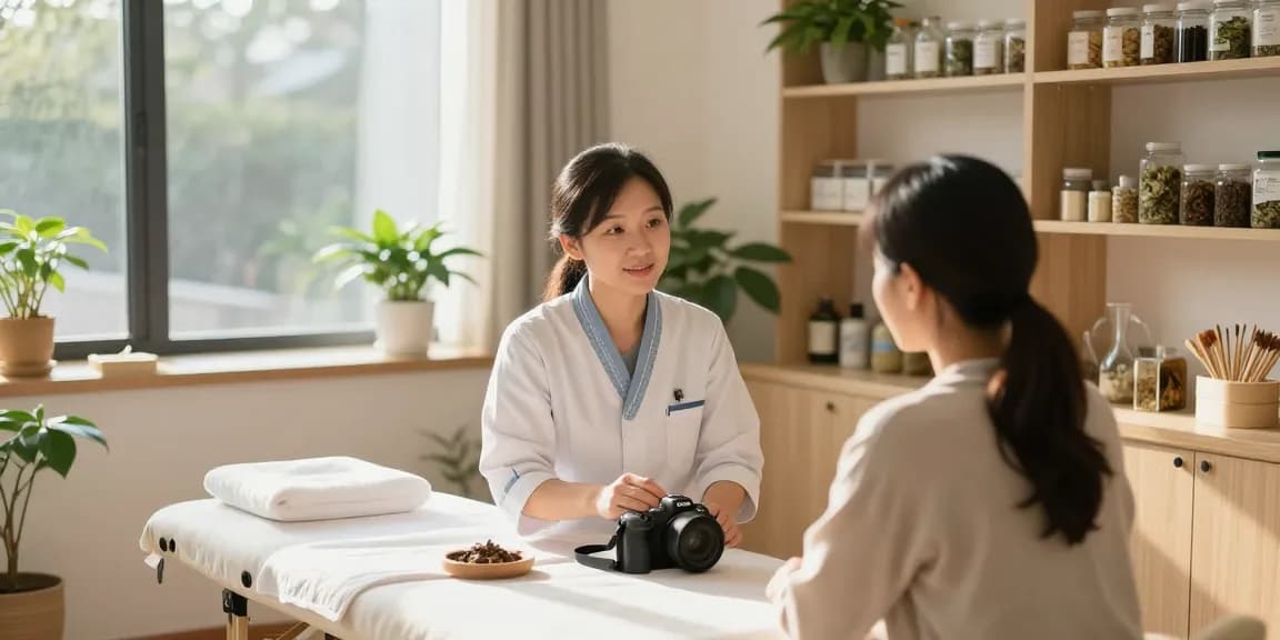 Holistic healing session at 영통한의원 with herbalist consulting patient.