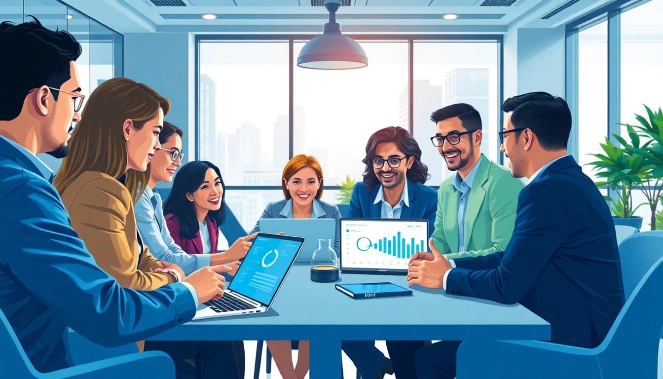 Engaging teamwork focused on AI for competitor analysis in a bright office setting.