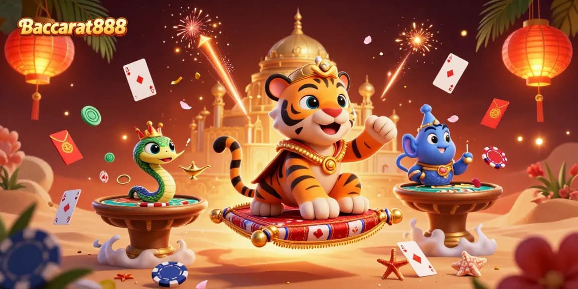 Baccarat888 captures the excitement of casino gaming with vibrant characters and dynamic elements in a rich 3D scene.