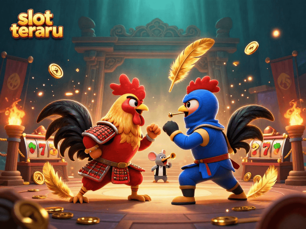 Introducing slot terbaru with fierce roosters in combat amidst casino elements and vibrant effects.
