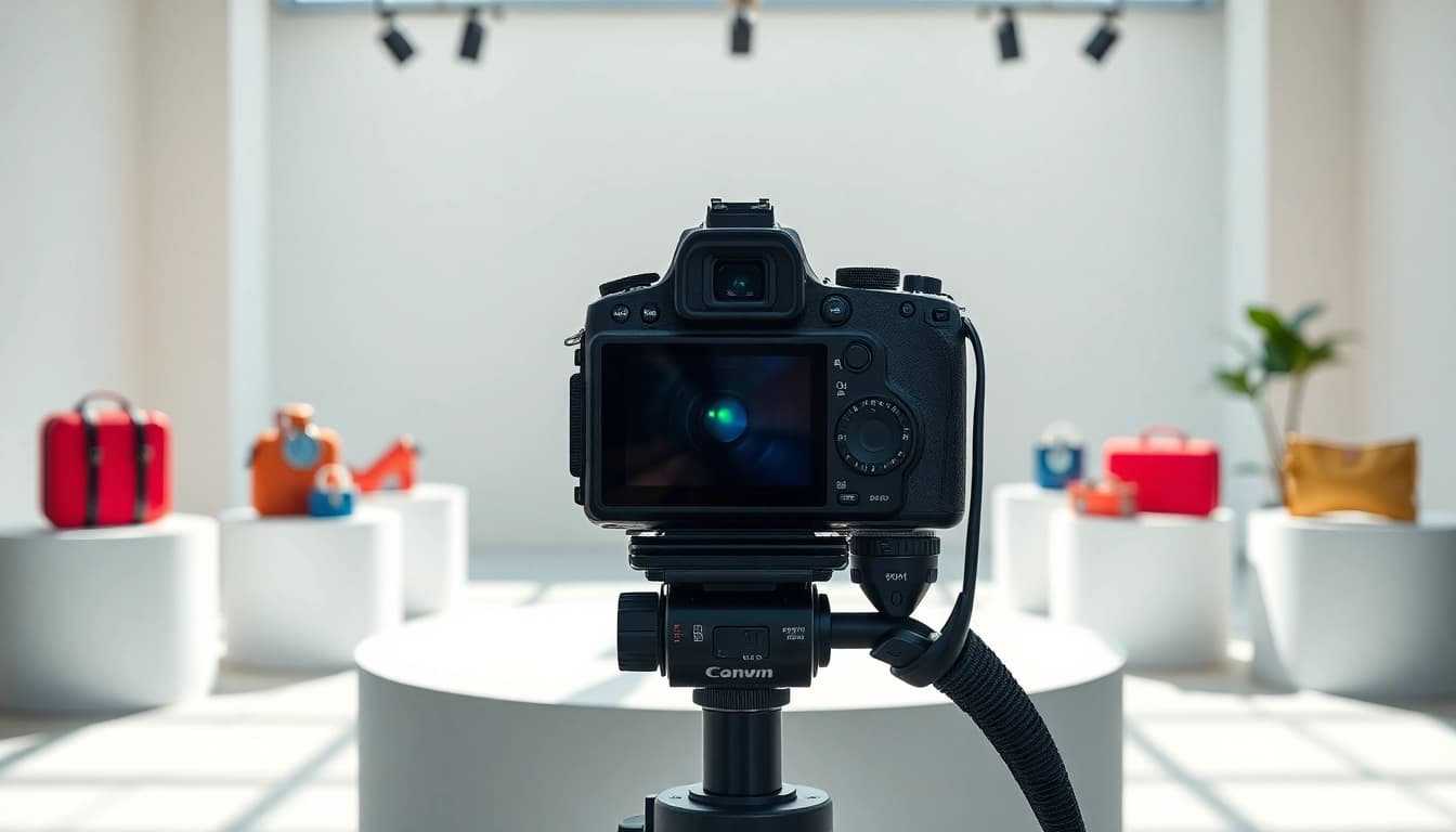 Fotografo di Prodotti in uno studio modern con attrezzatura fotografica e prodotti in evidenza.