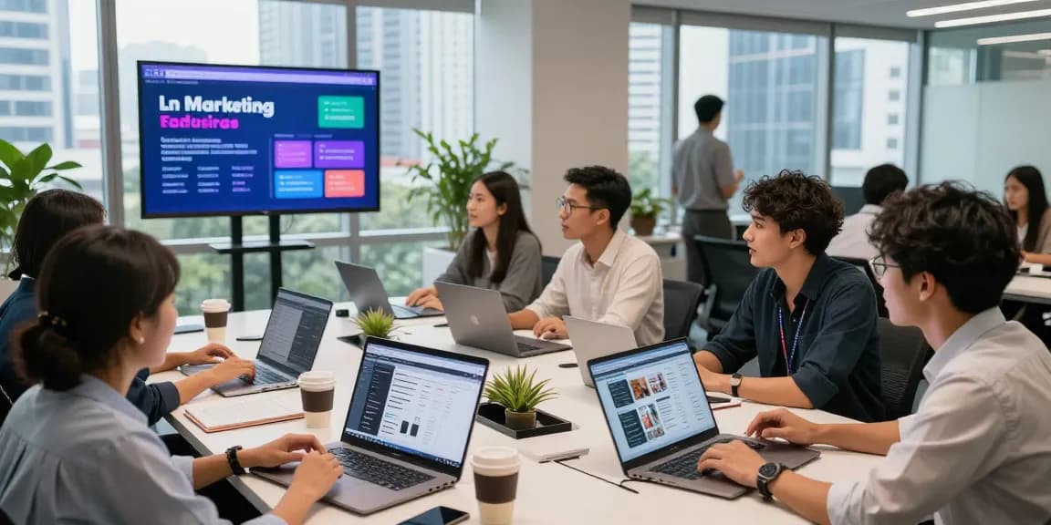Team collaborating on digital marketing services in KL, showcasing creativity and analytics.