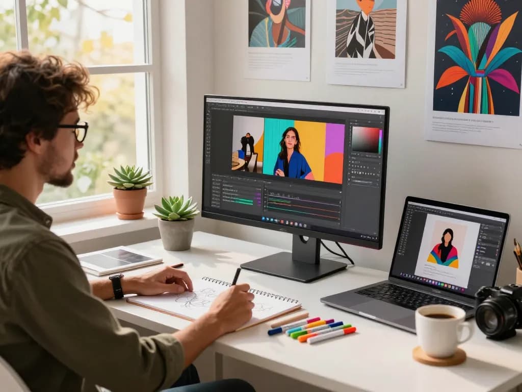 Generate image to prompt tools in a vibrant digital workspace with a designer.