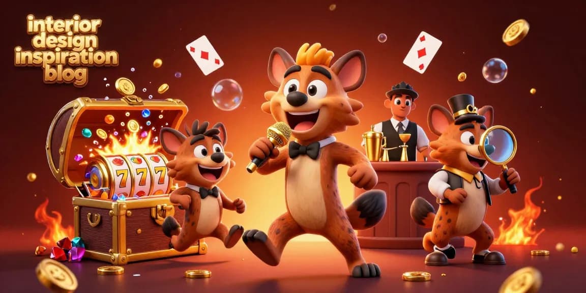 Interior design inspiration blog showcases a lively cartoon casino scene with hyenas entertaining.