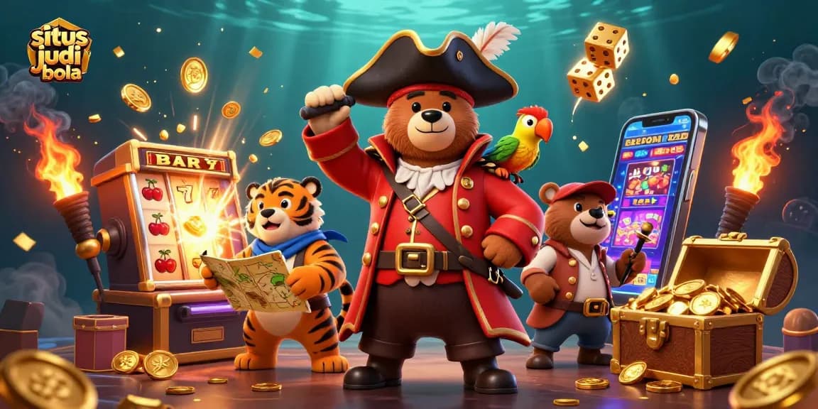 Engage with situs judi bola through vibrant 3D scene filled with slot machines and jackpot excitement.