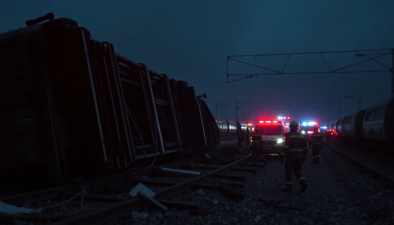 Rescuers tending to the spain train crash site amidst chaos and overturned carriages.