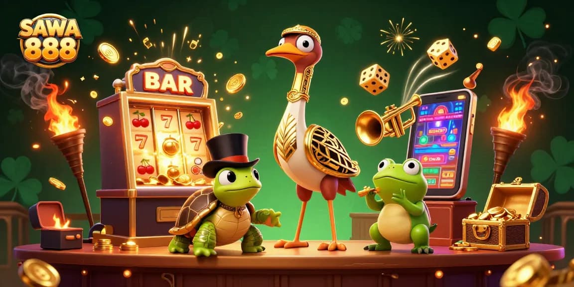 Spin the reels at SAWA 888 with an extravagant 3D illustration showcasing vibrant casino life.