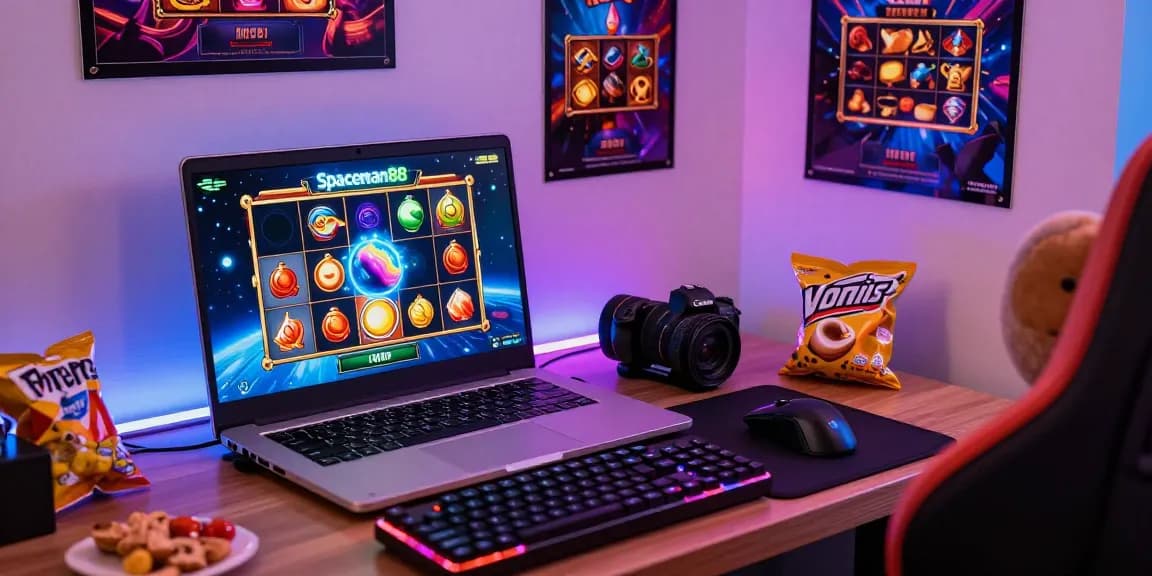 Engaging Spaceman88 slot game experience with vibrant space graphics and gaming accessories.