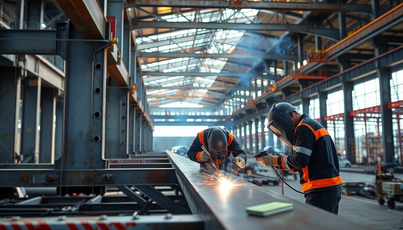 Skilled workers performing structural steel welding with precision in a busy construction site.