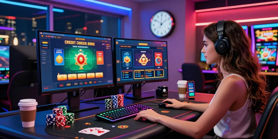 Exciting gameplay scene at credit card casinos with vibrant lighting and modern gaming setup, featuring screens and poker chips.