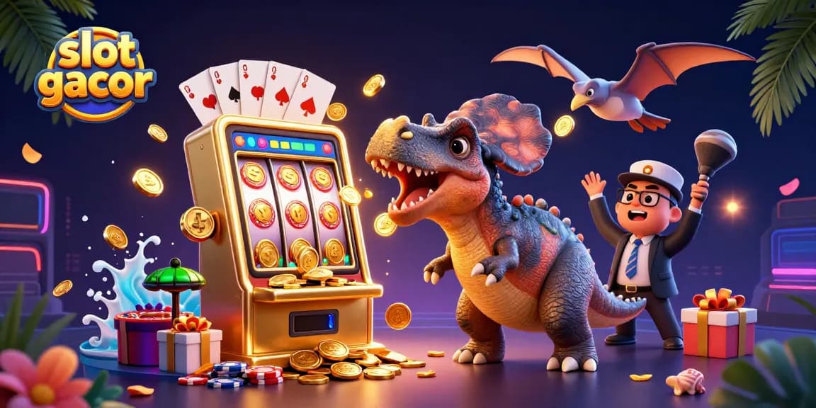 Experience slot gacor excitement with a playful dinosaur winning jackpots and golden coins!