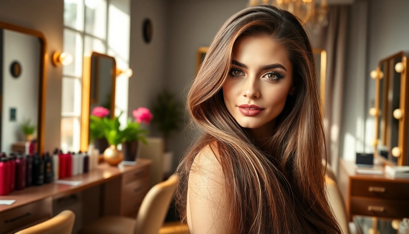 Model flaunting genius weft hair extensions, showcasing texture and elegance in a salon.