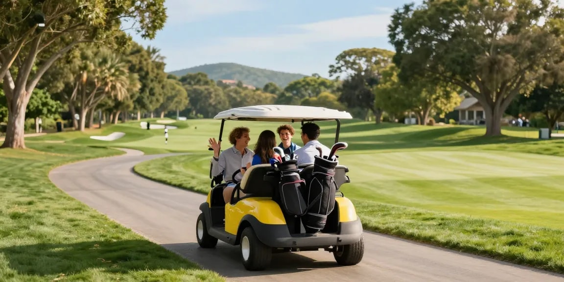 Group of friends driving an electric golf cart 4 seater on a sunny golf course, showcasing leisure and friendship.
