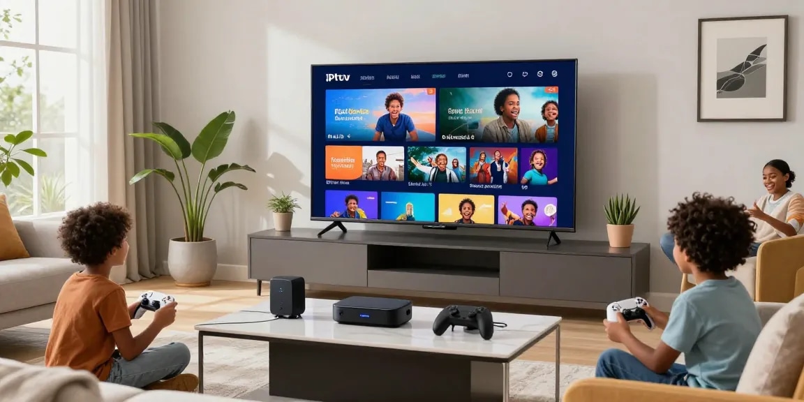 Family enjoying IPTV American service on a smart TV in a cozy living room.