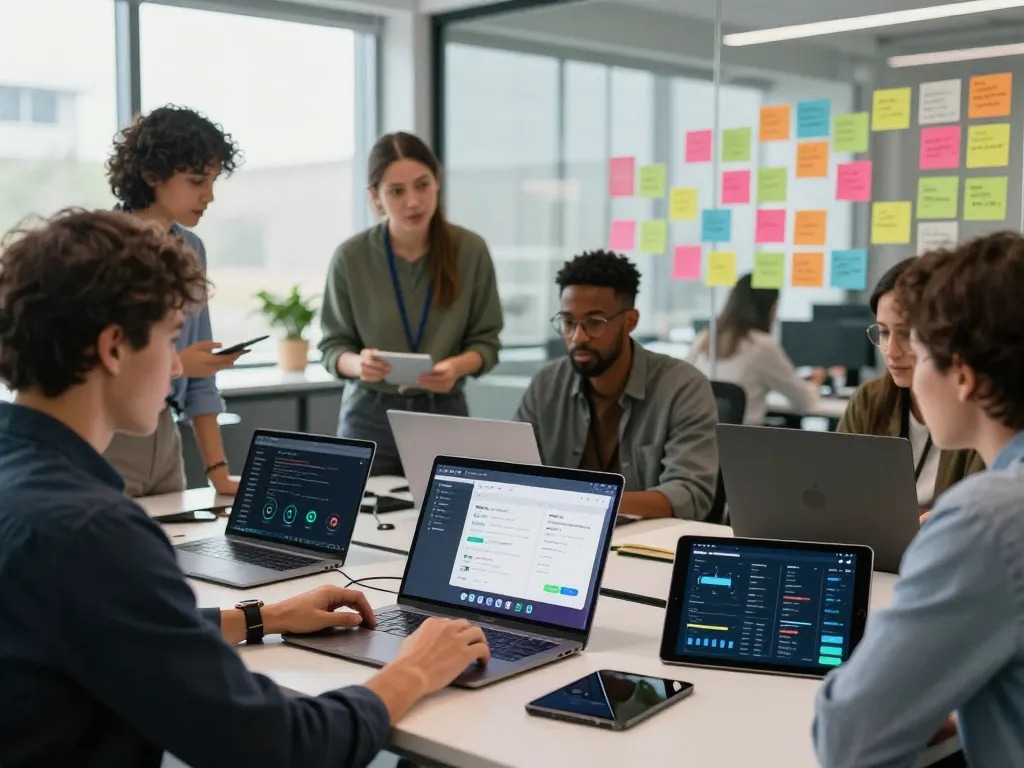 快连 professionals collaborating in a modern tech workspace, showing network optimization and teamwork.