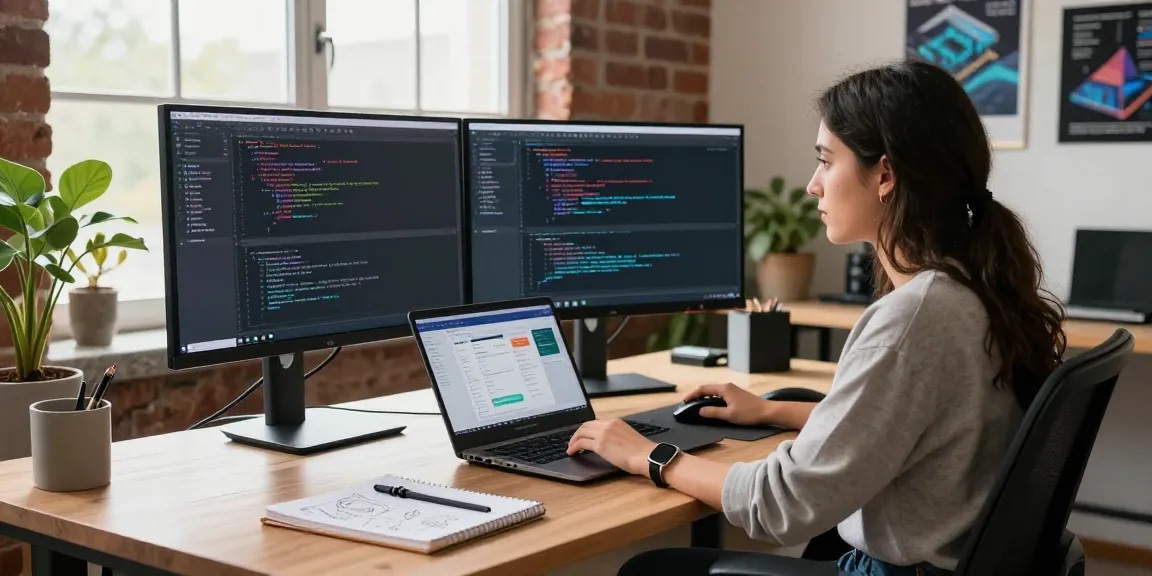 Developer coding on dual monitors in a vibrant workspace showcasing crushon technology and productivity.