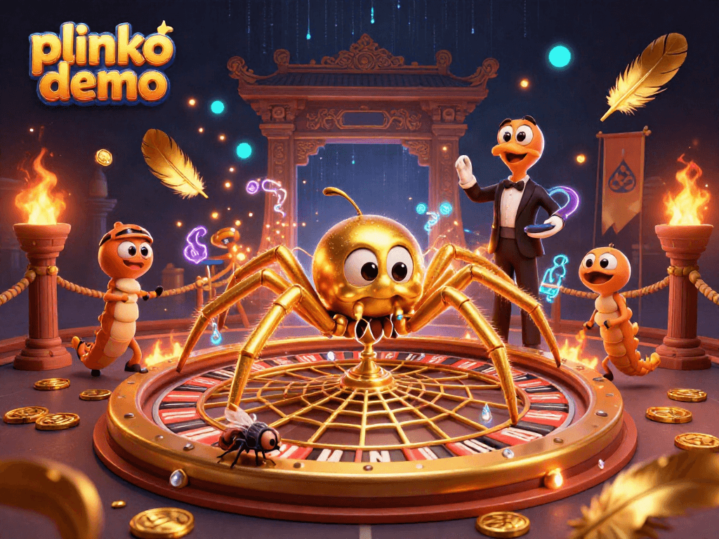 Engage with the plinko demo featuring a golden spider and animated casino elements.