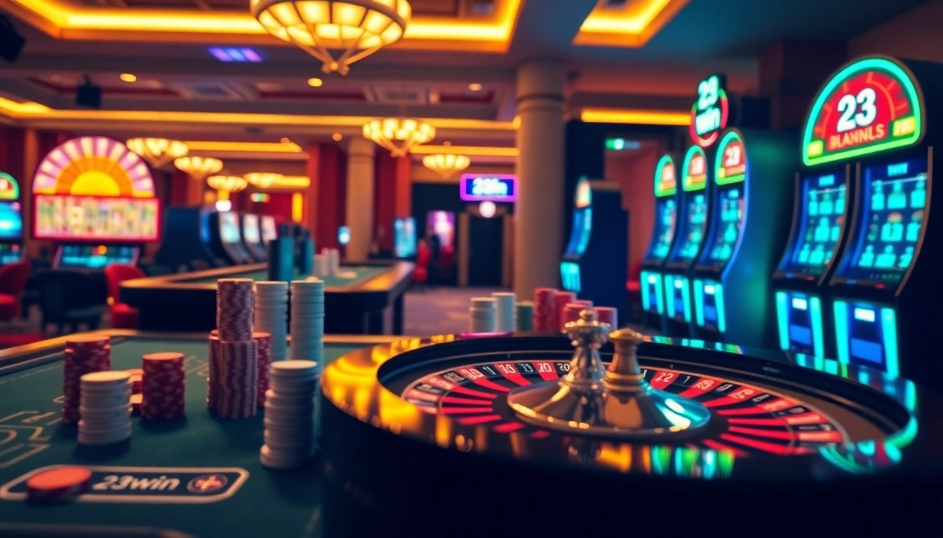 Engaging scene of online gambling excitement at 23win with roulette, poker chips, and vibrant slot machines.