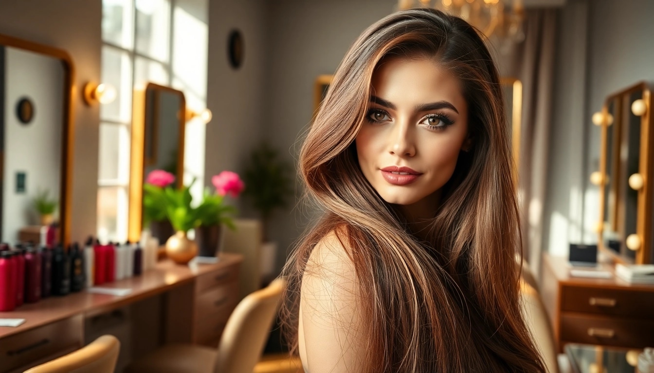 Model flaunting genius weft hair extensions, showcasing texture and elegance in a salon.