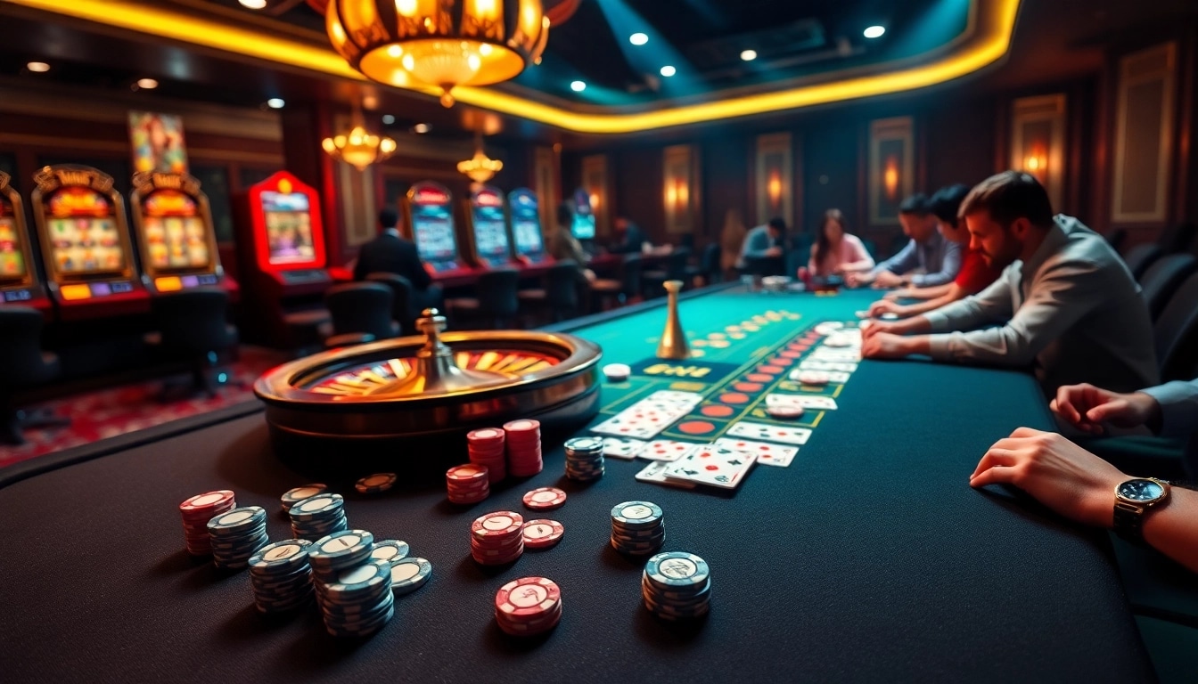 Engaging gaming scene depicting đăng ký 88vv with poker chips, cards, and a roulette wheel.