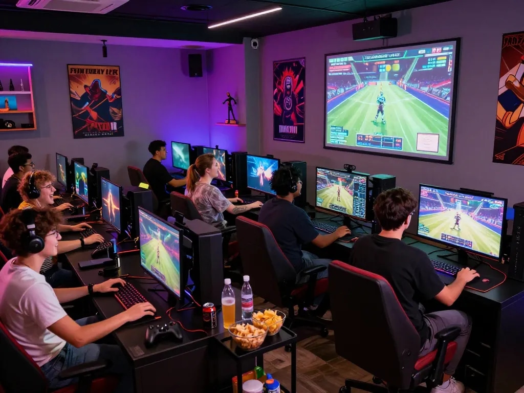 Engaged players enjoying popular porn games html in a vibrant gaming lounge setting