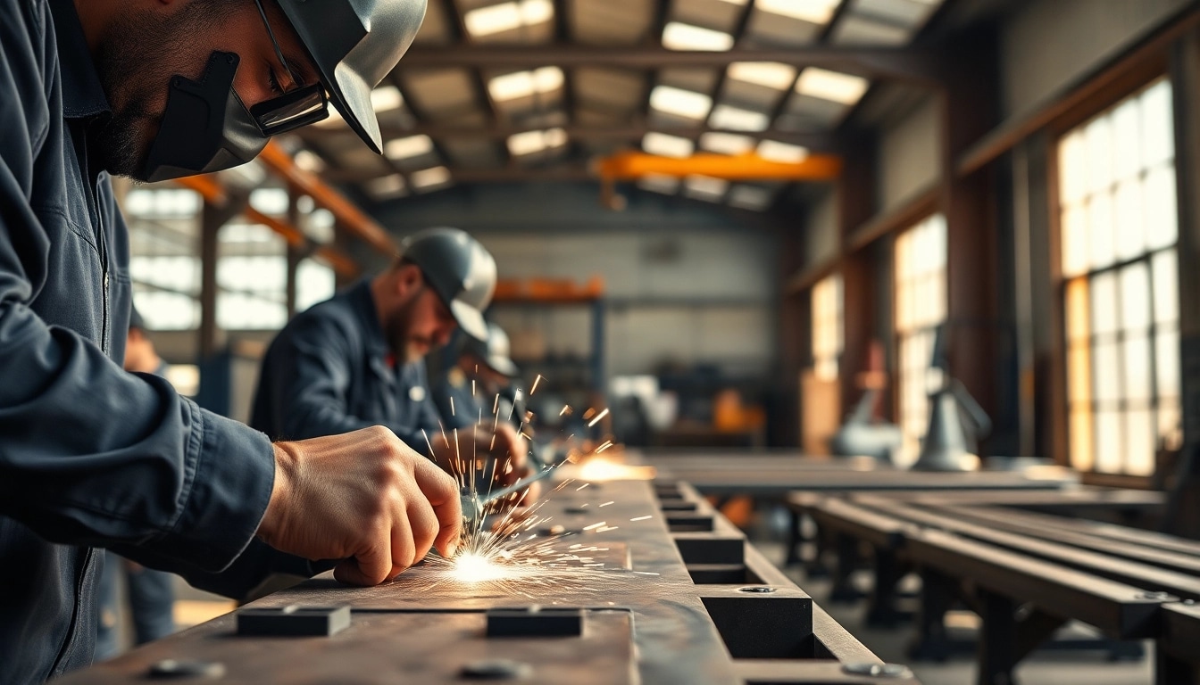 Hands engaged in custom steel fabrication, showcasing skill and craftsmanship in a workshop.