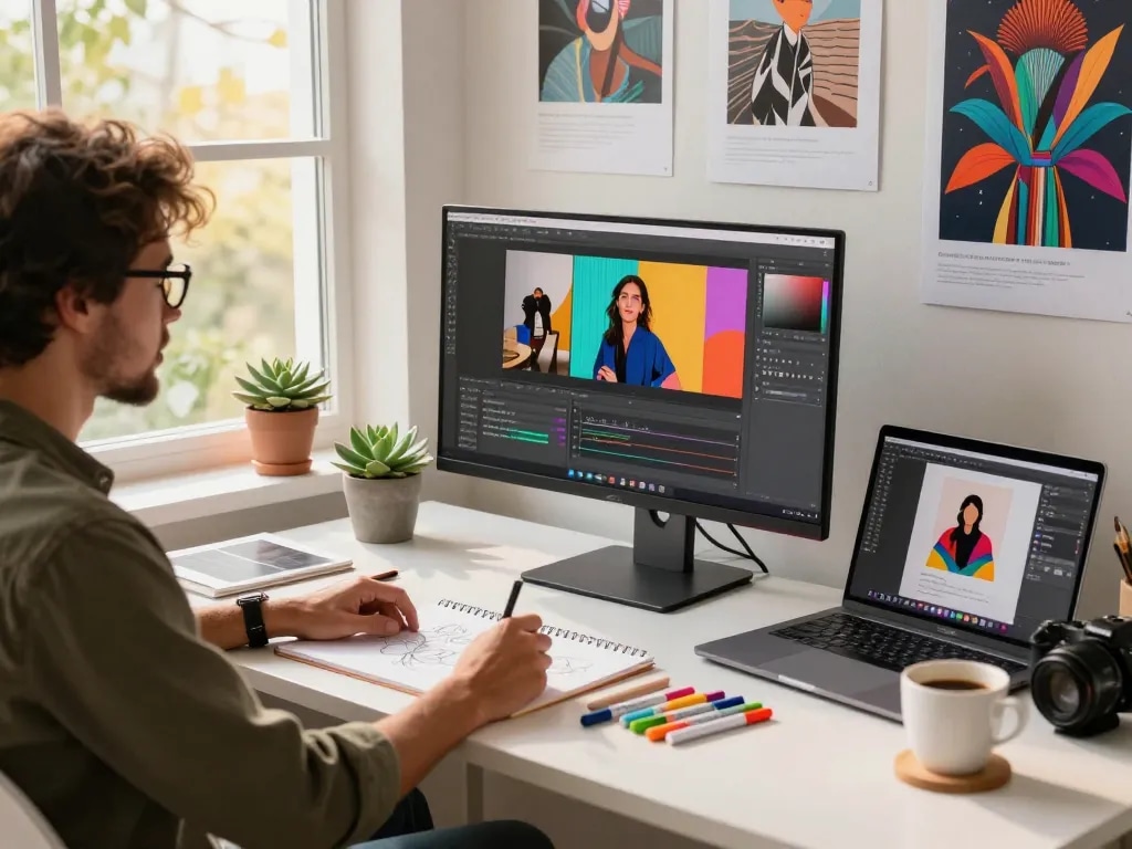 Generate image to prompt tools in a vibrant digital workspace with a designer.