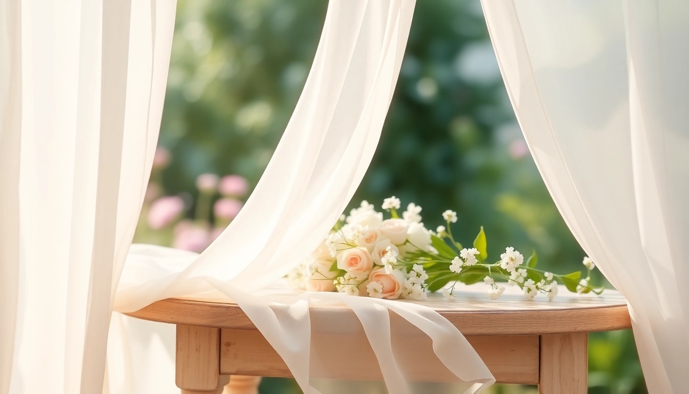 Chiffon stof die elegant uitgestrekt is over een vintage tafel met bloemen.