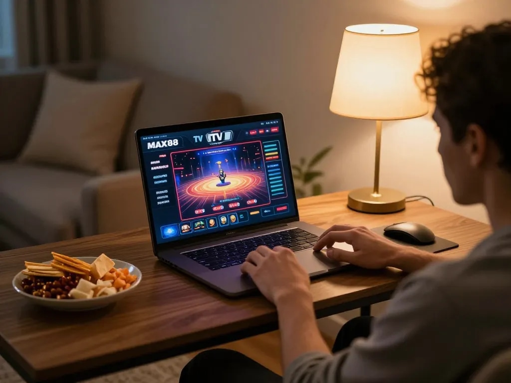 Player engaging with MAX88 TV online casino on laptop in a cozy living room.