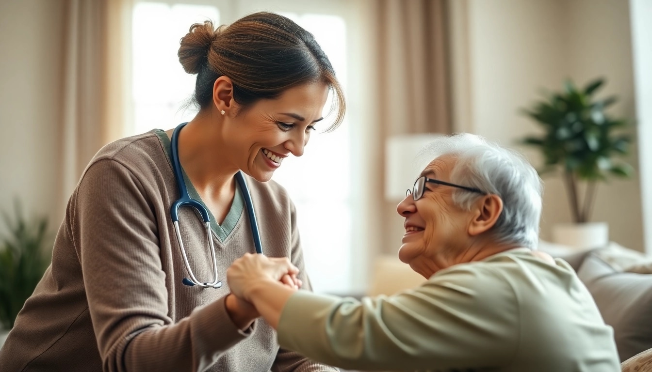 Providing at home health care in a warm living room with a supportive caregiver.
