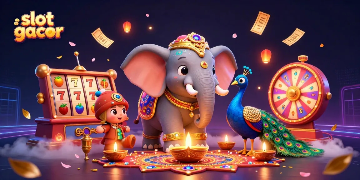Engage with slot gacor gameplay featuring a colorful 3D elephant and peacock amid vibrant symbols and dynamic elements.